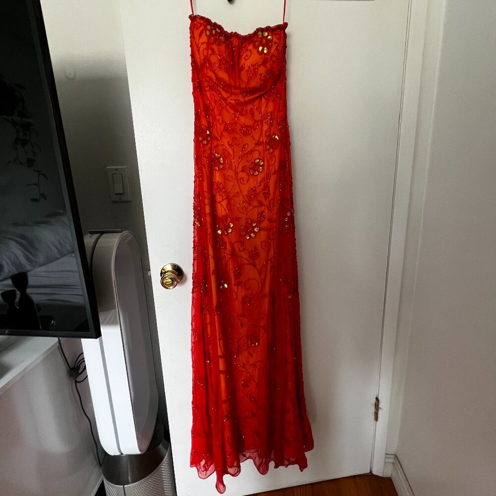CACHE Beaded/Sequin Orange Maxi Dress in XS